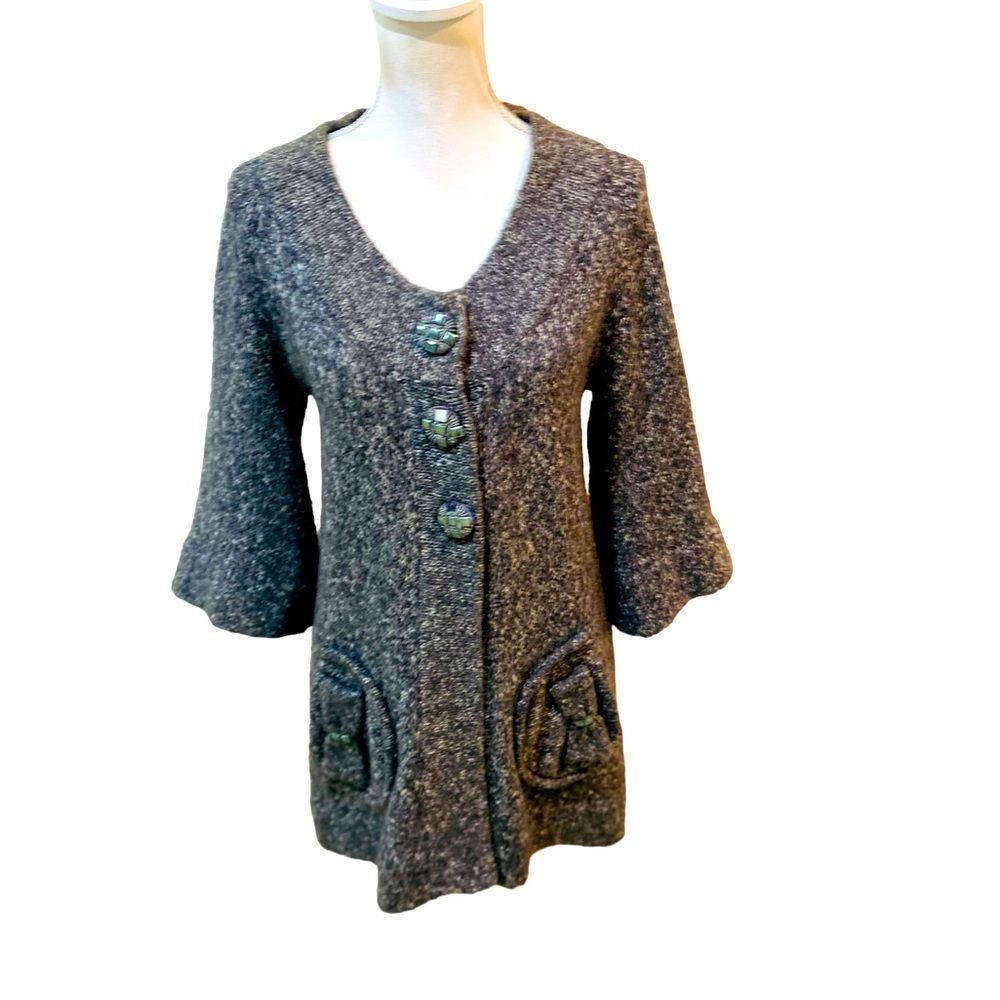 Bcbg Maxazria gray nubby knit 3 button longline cardigan 3/4 bell sleeves medium